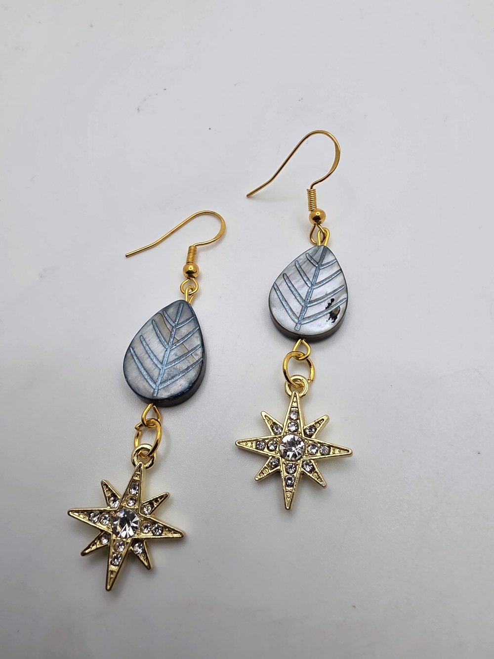 Gold Star Drop Earrings with Blue Leaf Accents - Women Jewelry
